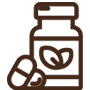 Pictogram van een potje supplementen of medicijnen met een blad op het etiket en twee pillen ernaast
