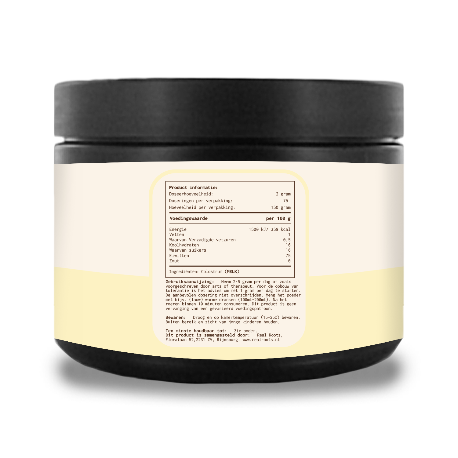 Colostrum poeder pot achterkant- Real Roots product